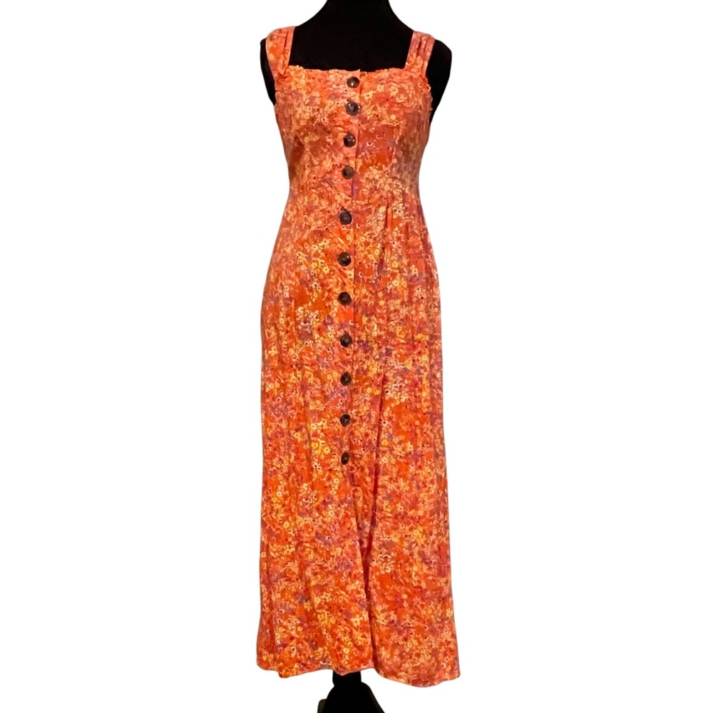 Size M Japna Orange Floral Square Neck Flowy Rayon Button Front Maxi Dress